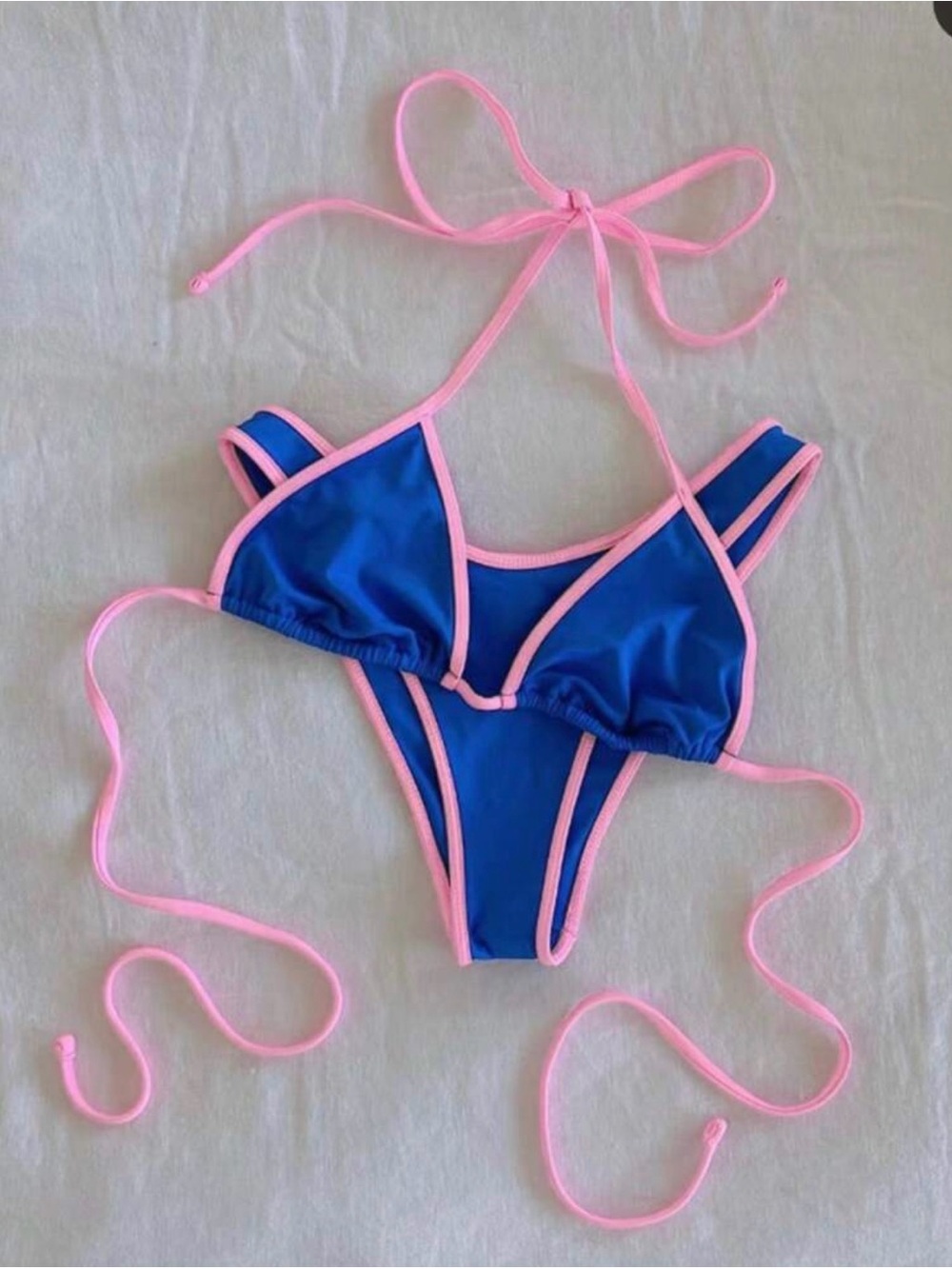 High Cut Blue and Pink Contrast Trim Bikini